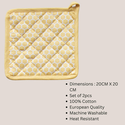 Oak & Lily Kitchen Combo – Yellow Check Apron, Honeycomb Pot Holders & Printed Napkins | 100% Cotton | Heat Resistant | European Quality