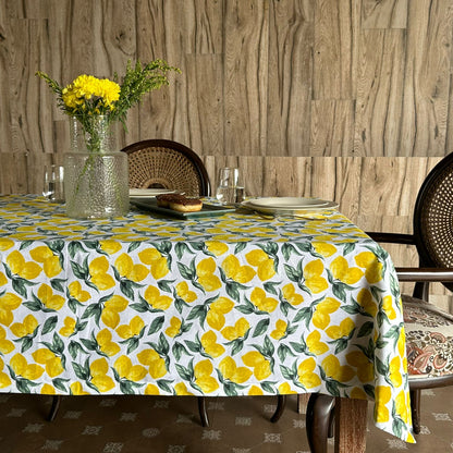 Oak & Lily Table Cloth – Zesty Yellow Lemon Print | 100% Cotton | Anti-Slip | Premium European Quality