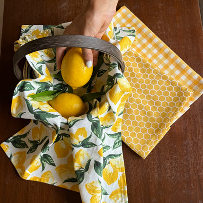Oak & Lily Kitchen Towels – Honeycomb, Lemon & Yellow Checks | Set of 3 | 100% Cotton | European Quality | Super Absorbent & Anti-Bacterial
