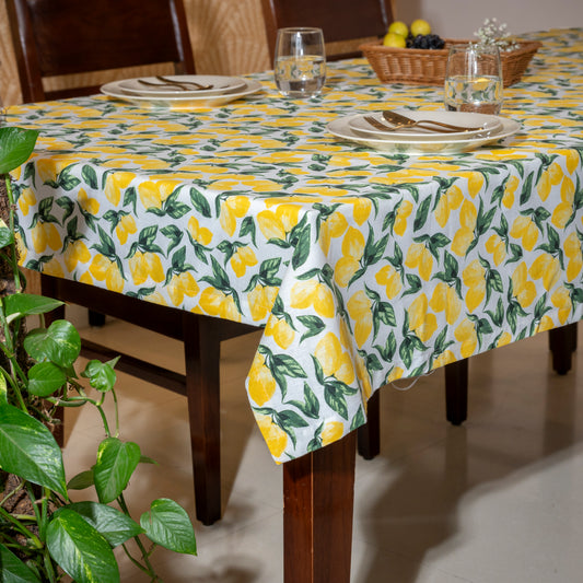 Oak & Lily Table Cloth – Zesty Yellow Lemon Print | 100% Cotton | Anti-Slip | Premium European Quality