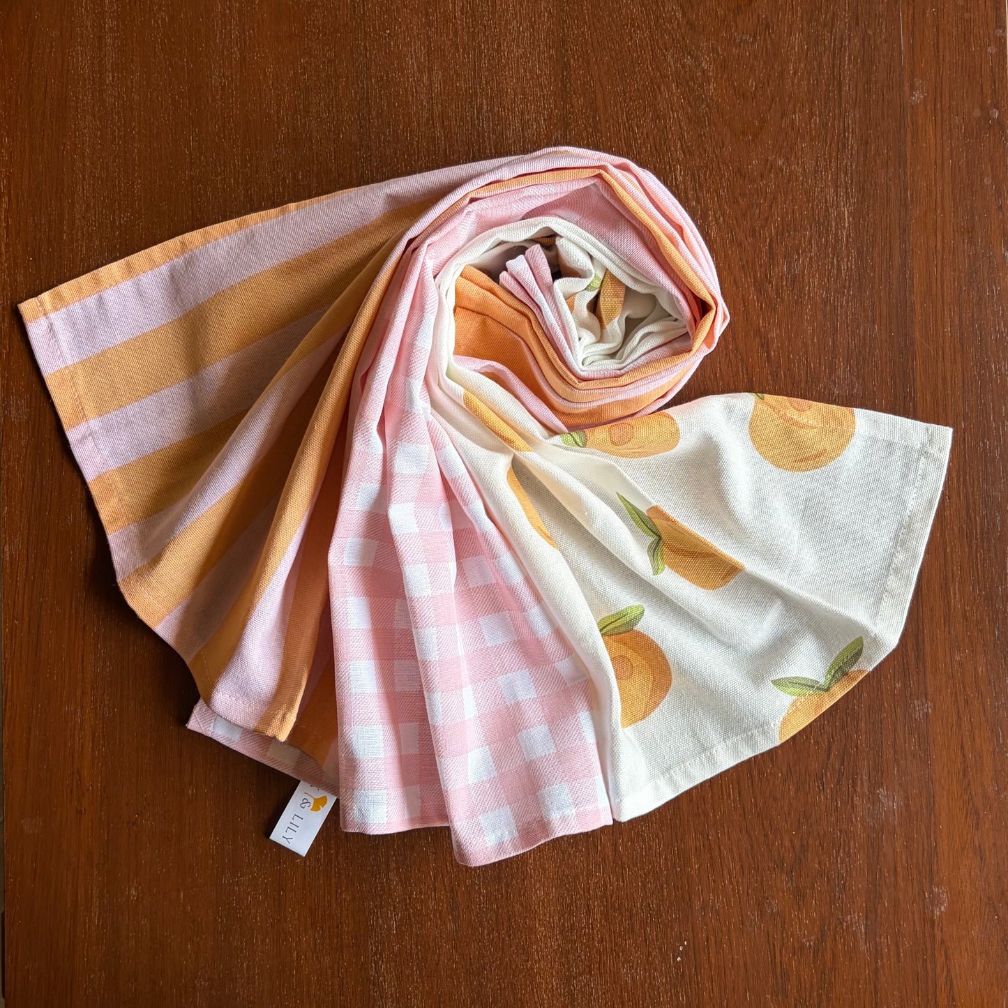 Oak & Lily Kitchen Towels – Peach, Pink Checks & Stripe Print | Set of 3 | 100% Cotton | European Quality | Super Absorbent & Anti-Bacterial