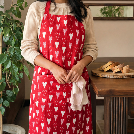 Oak & Lily Apron – Red Heart Print | 100% Cotton | Stylish & Washable | Unisex Fit | Premium Cotton