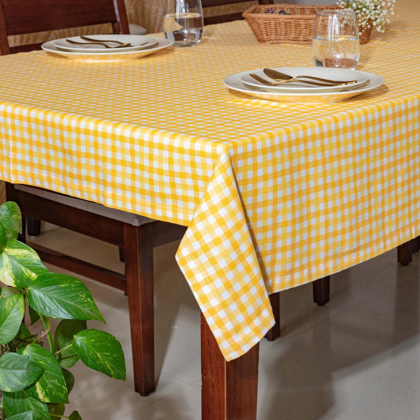 Oak & Lily Table Cloth – Yellow & White Check Print | 100% Cotton | Anti-Slip | Premium European Quality