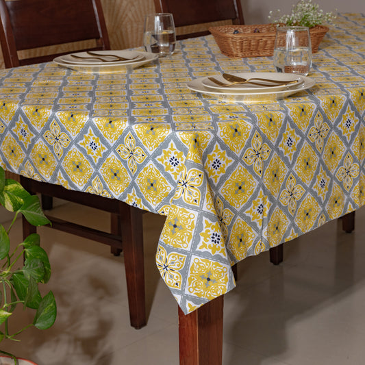Oak & Lily Table Cloth – Yellow & Grey Ethnic Print | 100% Cotton | Anti-Slip | Premium European Quality | Dining Table Cover